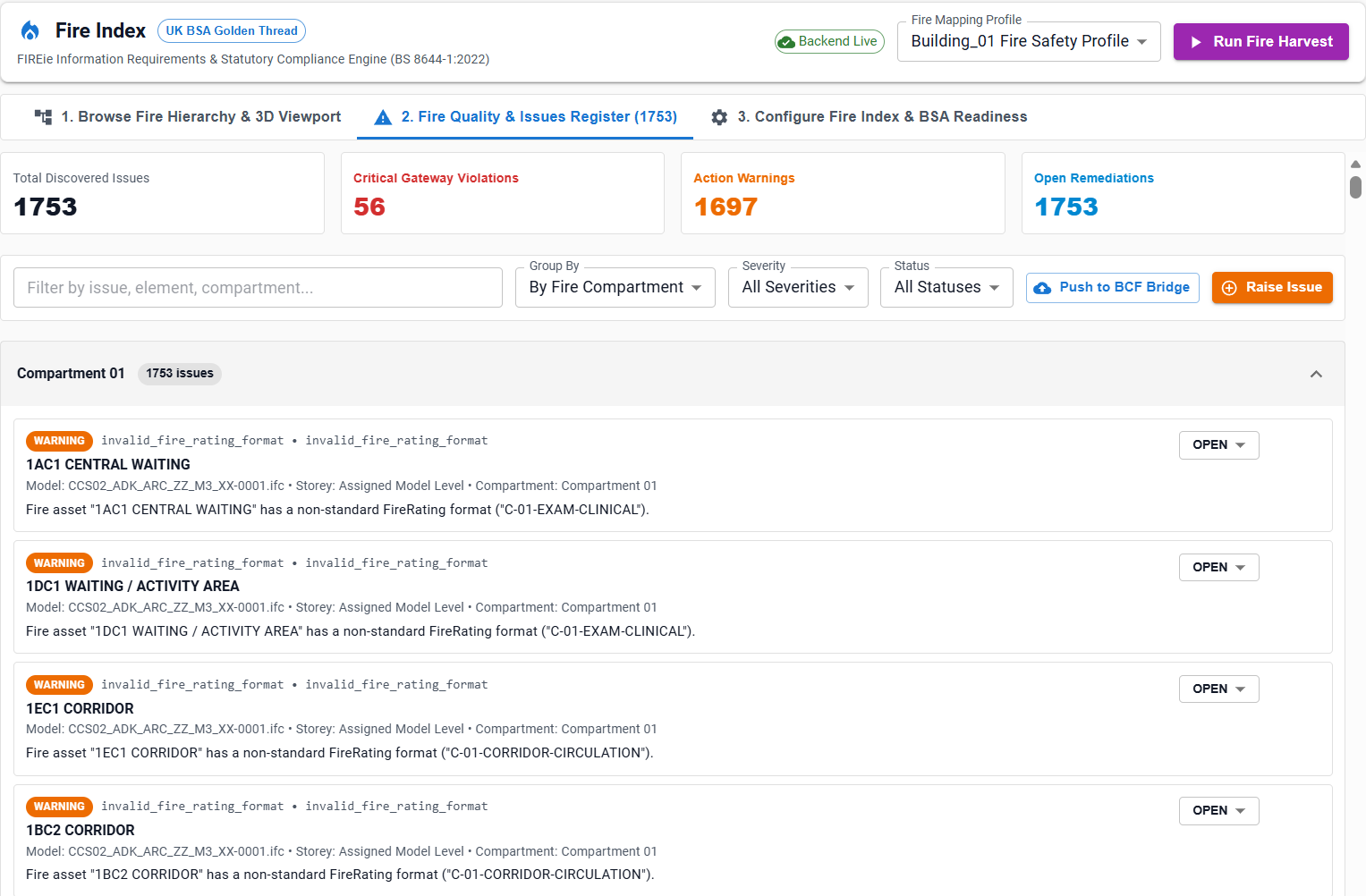 Fire Quality and Issues Register Interface